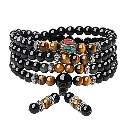 COAI Unisex 108 malakett av ädelstenar med nepalesiska pärlor, tibetanskt omlottarmband, 14 cm, Obsidian/tigeröga, Obsidian