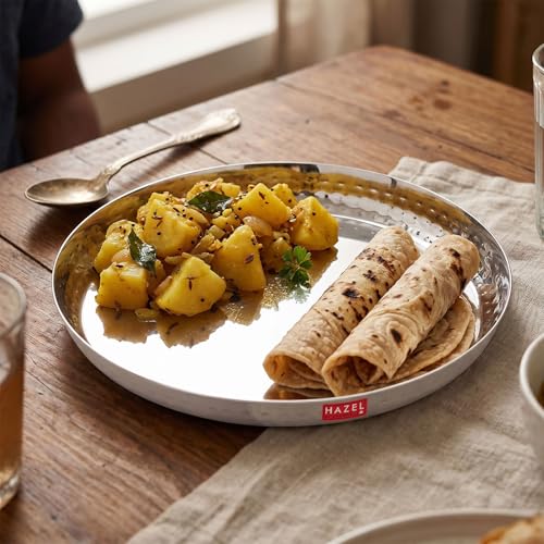 Image of HAZEL Stainless Steel Lunch Plate 25.5cm | Thali with Hammered Sides | Daily Use Dinner Plate Food Serving Plate for Restaurant Thali