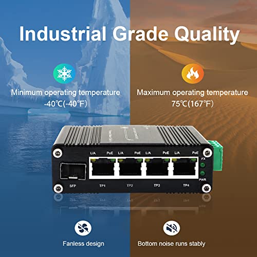 Image of Mini Industrial 4 Port 10 /100 /1000Mbps Gigabit Ethernet POE + Switch with SFP Port Din Rail /Wall-Mount 4 Port 10 /100 /1000BASE-T RJ45 + 1 Port 100 /1000FX (SFP) Support 12-48V DC
