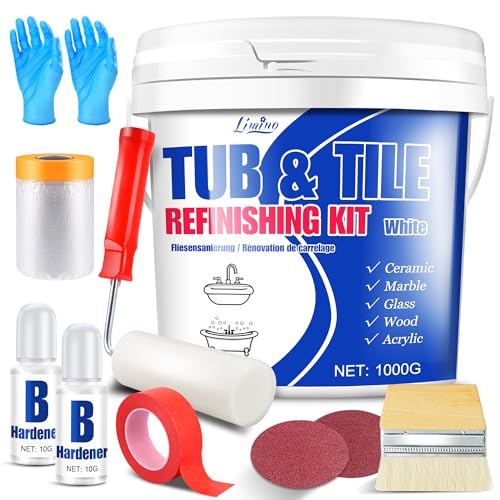 Kit de Restauración de Bañera y Azulejos - Pintura para Azulejos Blanca Semi-Brillante con Herramientas para Bañera, Lavabo, Encimera para Baño y Cocina, Cerámica, Porcelana, Fibra de Vidrio (1000g)