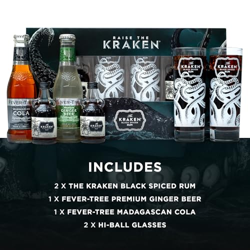 The Kraken Experience, Spiced Rum Gift Set - 2x 5cl Black Spiced Alcohol Miniatures, 2x Kraken Glass and Fever Tree Ginger Beer & Cola 2x 200ml - Cocktail Rum Gifts for Men, Dad, Birthday, Christmas