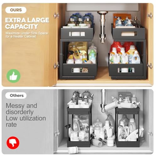 Image of 1 Pack 17IN Depth Under Sink Organizer, 2-Tier Pull Out Cabinet Organizer With Smooth Circular Rail, Large Capacity Metal Mesh Sliding Drawers For Bathroom& Kitchen Storage,Height Adjustable -Black