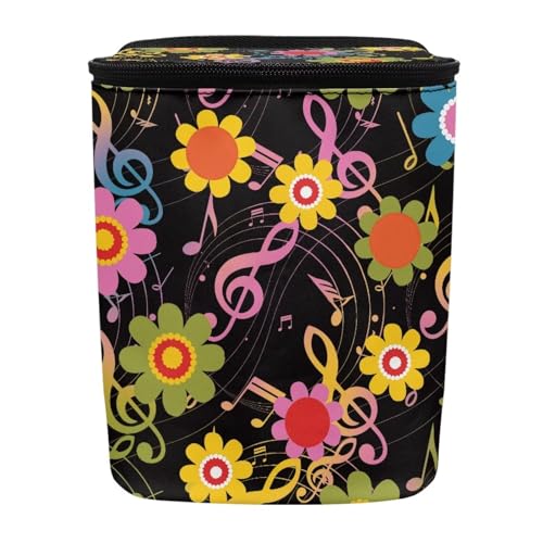 Image of Hippie Flower Music Note Car Trash Can with Lid,Leak Proof Garbage Can Hippie Flower Car Interior Accessory Zipper Protable Vehicle Rubbish Bag for Back Seat