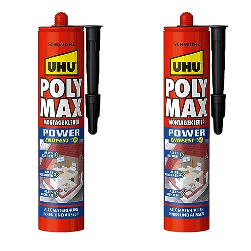 UHU POLY MAX Montagekleber POWER Kartusche, Schwarzer Montageklebstoff und Dichtmittel mit hoher Endfestigkeit, 425 g (Packung mit 2)