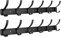 ZGELIN Wall Mounted Coat Rack 6 Hooks Heavy Duty Metal Double Hook Rail for Coats Hats Towels - 2 Pack Black
