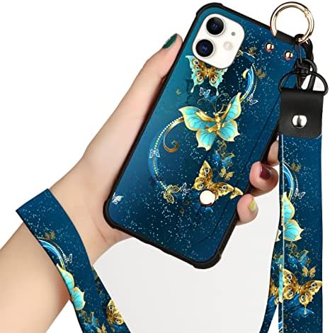 KANGHAR Compatible with iPhone 11 Case Blue Butterfly Shell Wrist Strap Lanyard Cover for Apple iPhone 11 6.1 INCH