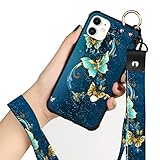 KANGHAR Compatible with iPhone 11 Case Blue Butterfly Shell Wrist Strap Lanyard Cover for Apple iPho