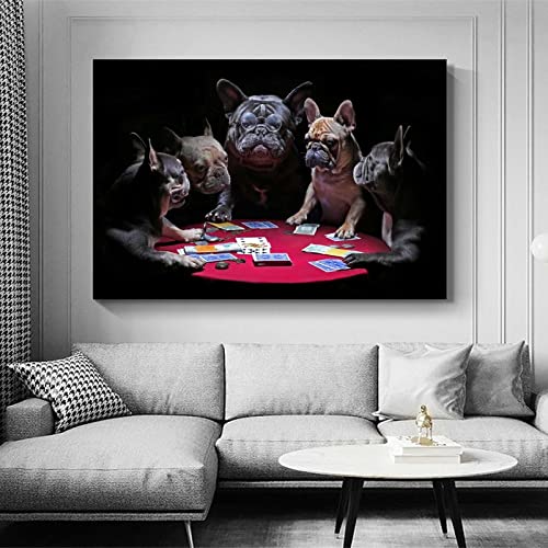 Wjoonn House Of French Bulldogs Dogs Playing Poker Poster Decorative Painting Canvas Wall Art Living Room Posters Bedroom Painting 16X24Inch(40X60Cm) #TOP2