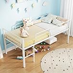 COSTWAY 3FT Bunk Bed for Kids, Metal Single Size Low Loft Beds with Safety Guardrails, 2 Ladders & Under-bed Space, Children's Sleeper Bed Frame for Boys Girls, 220kg Capacity (White)