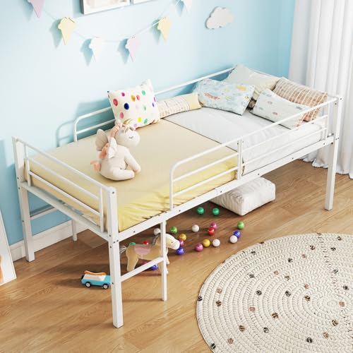 Giantex Cama Metálica Para Niños 90x190cm, Litera Con Barandilla, Escalera A Ambos Lados, Cama Alta Con Somier Y Espacio Debajo, 198,5x96x88cm, Para Juvenil, Adulto Blanco