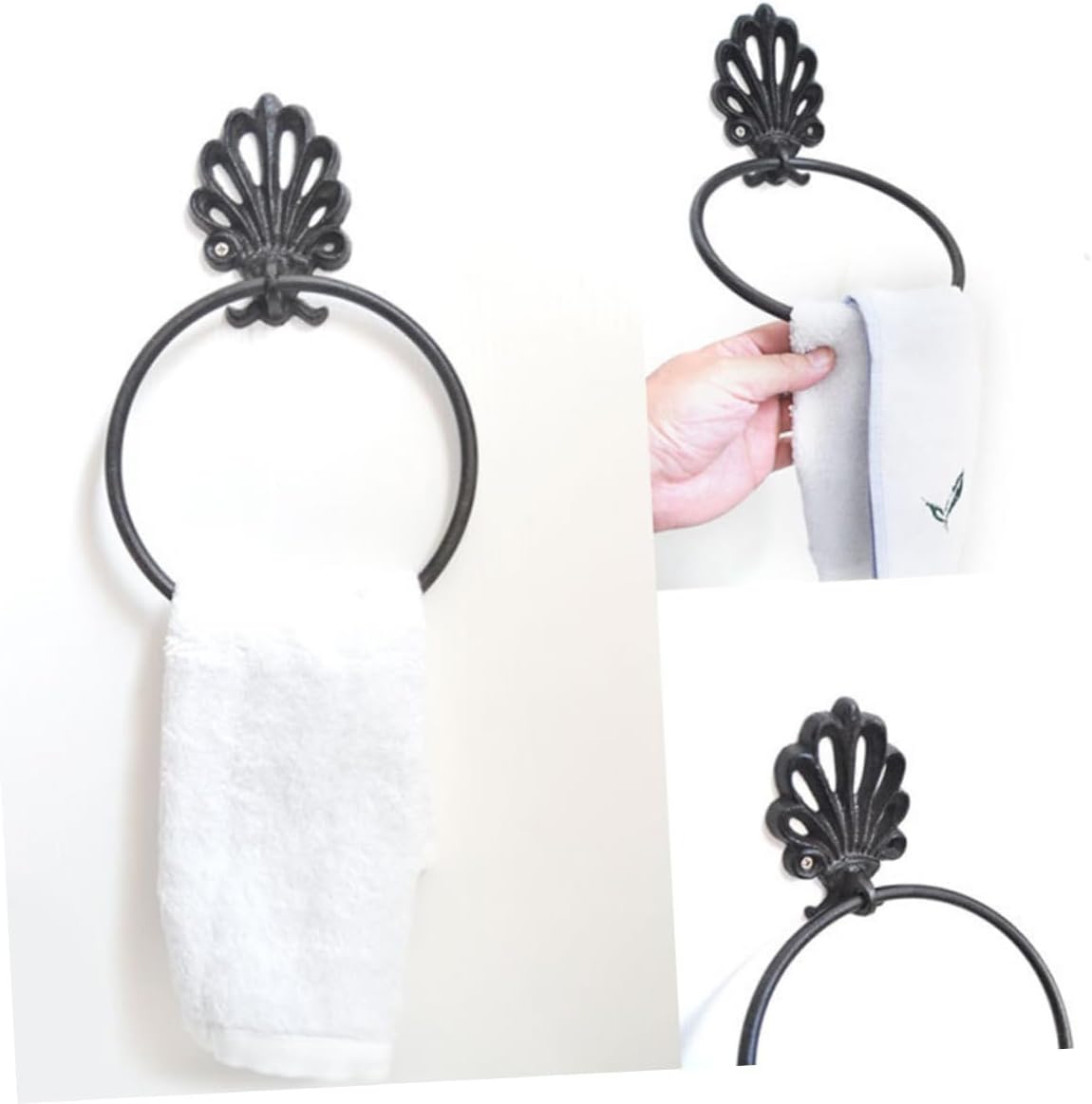2Pcs Wrought Iron Towel Hanging Ring and Bathroom Tissue Holder Space Saving Round Rack for Decor Easy Installation Black Finish