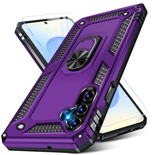 Image of Heavy Duty Case for Samsung Galaxy S25 Plus Phone Case with Screen Protector, Military Grade Shockproof Rugged Protective Cover for Samsung S25 Plus, with Metal Ring Magnetic Kickstand (Purple)