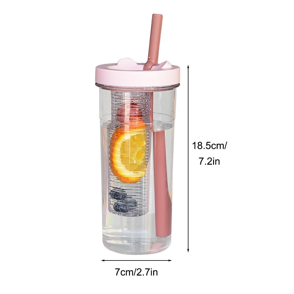 Wasserflasche mit Fruchteinsatz, faltbare Trinkflasche Strohhalm, 650 ml, for Fitnessstudio, Training, Wandern, Reisen, drinnen und draußen(Pink,670ML)