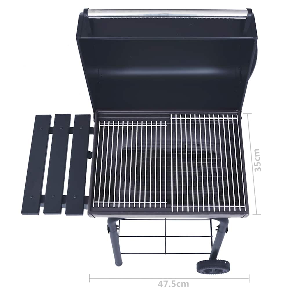 Grill na węgiel drzewny Smoker z dolną półką, czarny, stal malowana proszkowo, 75 x 48 x 120 cm, powierzchnia grillowania 47,5 x 35 cm, z termometrem, rolkami, idealny na balkon, taras