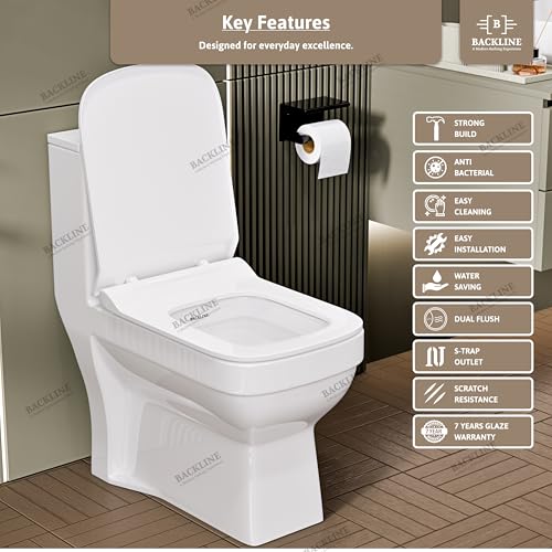 Image of Backline Ceramic Commodes For Toilet | Boxrim Washdown Flushing Water Closet | Western Toilet For Bathroom With Soft Close Seat Cover - S Trap 9 inch Outlet Is From Floor (White) (7 Years Glaze Warrenty)
