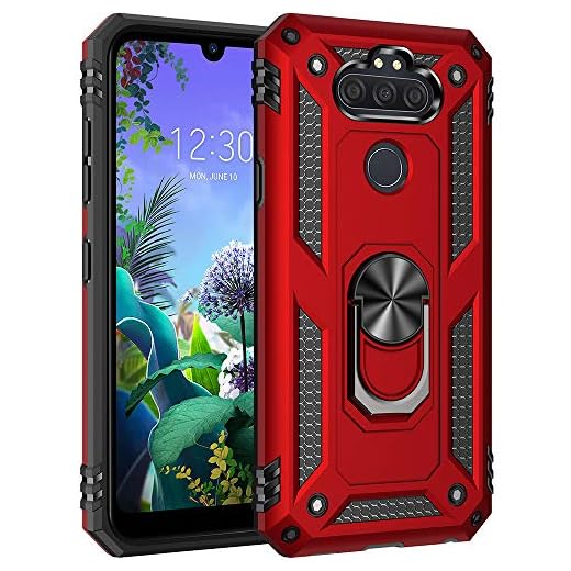 Dionsibei Military Grade Drop Impact Protective Case for LG Aristo 5, Red (Cellular Phone Case, Armor Heavy Duty Shockproof with Rotating Ring Kickstand and Magnetic Car Mount)