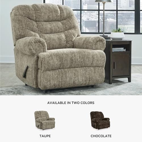 Image of Signature Design by Ashley Recliner, Oversized Taupe, Movie Man | Plush polyester velvet upholstery, Space-saving wall hugger needs 3 in of room, Extra-wide seating for big & tall comfort