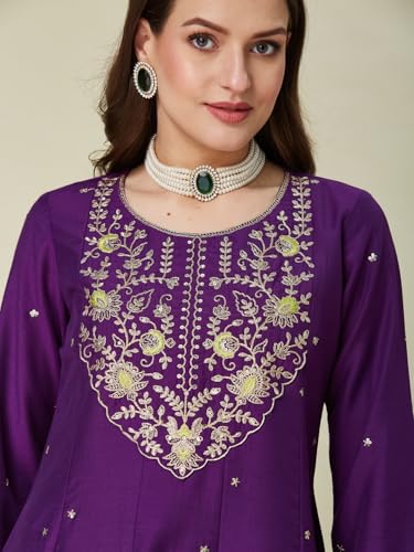 Image of MOKOSH Women's Silk Anarkali Kurta Pant with Dupatta | Anarkali Kurta Set | Round Neck 3 /4 Sleeve | 3 Piece Outfit | Indian Kurta Outfit With Palazzo Pant | Embroidered