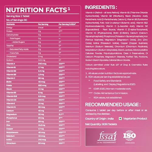 Image of Nutrabay Pro Active Multivitamin for Women - Effective Doses of Iron, Vitamin A, B5, B6, C, D, E & K and Minerals - Immunity, Hair, Skin & Bone Support - 60 Tablets | 100% RDA Dosage | Purity Tested