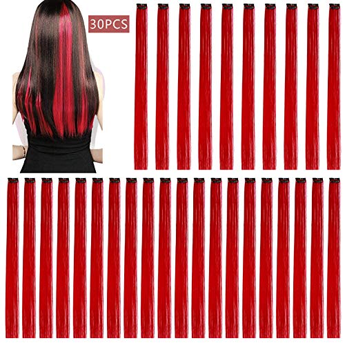 YMHPRIDE 30 PCS Colored Hair Extensions for Girl,20 Inch Party Highlights Colorful Clip in Synthetic Hair Extensions Halloween Cosplay Long Straight Hairpiece Clip in The Party (Red)