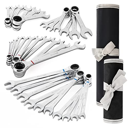 DURATECH 32-Piece Ratcheting Combination Wrench Set, 20 PCS Combo Wrench Set & 12P CS Stubby Wrench Set, SAE & Metric, CR-V Steel, with Rolling Pouch
