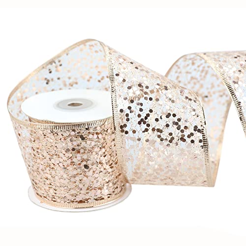 Dindosal Rose Gold Wired Ribbon 2.5 Inch Rose Pink Shimmery Glitter Metallic Ribbon Mesh Ribbon With Wired Edge For Wreaths Tree Topper Accent Bows Crafts Gift Wrap Holiday Decoration- 10 Yards (30Ft) #TOP5