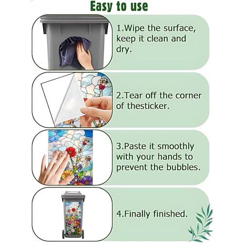 Image of 14.6x32.3 Inch Trash Can Cover Stained Glass Art Style Blooming Flowers with Clouds Design Outdoor Garbage Bin Decoration Sticker Wrap