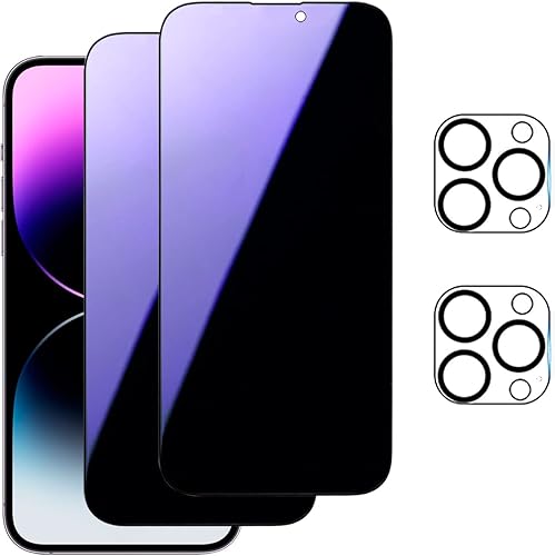 AKARMOVO Paquete de 2 protectores de pantalla de privacidad anti luz azul para iPhone 14 Pro + 2 protectores de lente de cámara, protección ocular