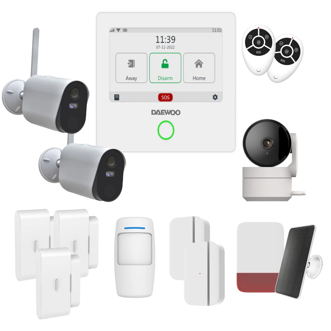 Daewoo Pack Alarme Connectée WiFi/GSM Touch 4,3 Pouces AM507 - Système sans Fil et sans Abonnement, Compatible Animaux, Détecteurs Inclus + Caméra de Surveillance Full HD, Application Mobile Incluse