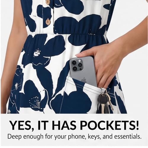 Image of Women Casual Dress Summer Stripe Button V Neck Sleeveless with Pocket Long Dresses Holiday Beach Party Midi Dress
