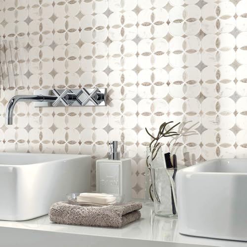 Anemone Flower Stone Mosaic 5 Sheets Mixed Color Italian Gray Marble Stone Kitchen Backsplash Water Jet Mosaic Flooring Tile Interior for Kitchen Backsplash Wall 4.65 sq. ft. (Natural White +Gray)
