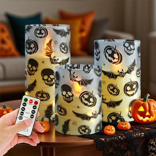Image of Ghost Flameless Candles with String Lights - 3pcs Halloween Battery Operated Candle Flickering Floral LED Pillar Candles with Timer Remote for Home Decor Romantic Ambiance
