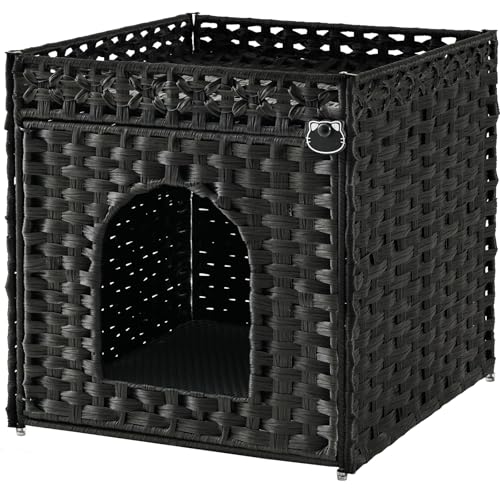 Image of SETVSON Cat Litter Box Enclosure Furniture, Hidden PE Rattan, Black | PE Rattan Kitty House with Top Fence, Fits Standard Litter Box, Included Litter Mat, 2 S-Hooks, Sturdy Metal Frame