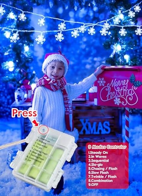 Brightown Christmas Snowflakes Light, 50 LED 26 Ft Blue Snowflakes Holiday Lights, 8 Lighting Modes, Waterproof Shatterproof Xmas Decorative Fairy Lights for Outdoor Xmas Decor