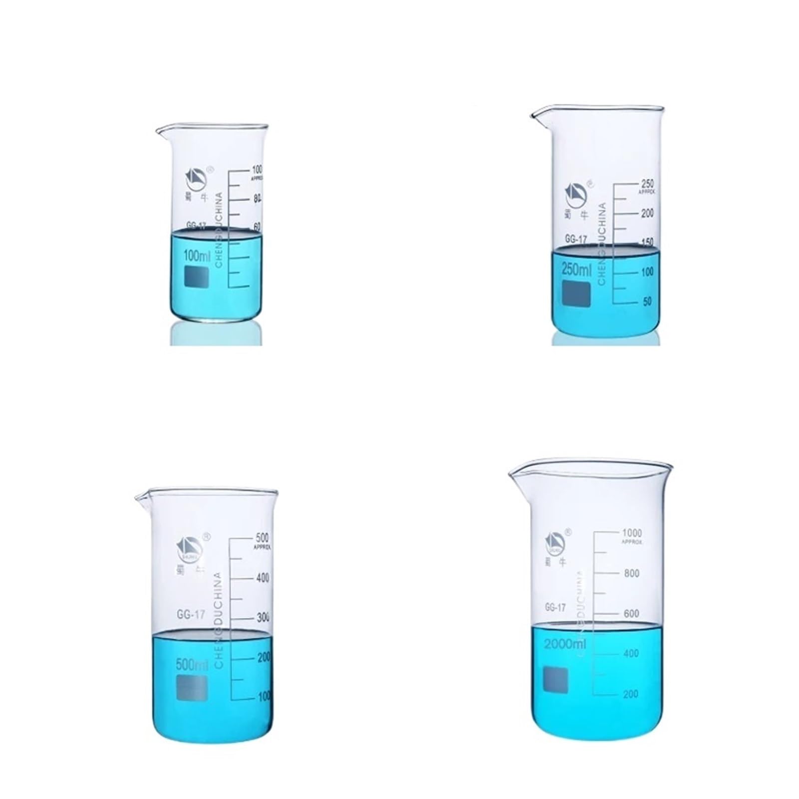 1 juego (100 ml, 250, 500, 1000 ml) de vasos graduados de vidrio de borosilicato en forma alta, vaso medidor de vidrio, equipo de laboratorio