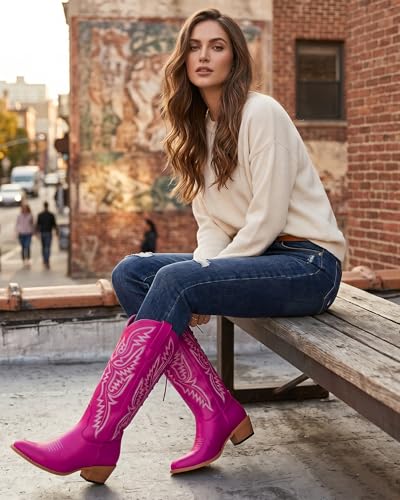Image of Uillnoodu Wide Calf Cowboy Boots Women Adjustable Lace Up Knee High Tall Plus Size Cowgirl Boots Western Style Comfortable 2-Inch Heel
