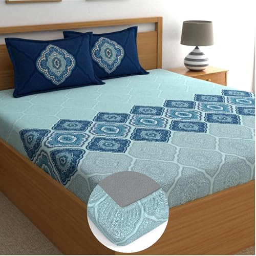 Image of Dreamscape 100% Cotton Queen Fitted Bedsheet with 2 Pillow Covers - (Size 60 x 78 inches, 140 TC, Colour - Blue)
