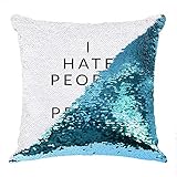 I Hate People I Prefer Cats Sequin Pillow Personalized for Family Birthday Anniversary Celebration, Reversible Sequin Cushion Cover (Light Blue)