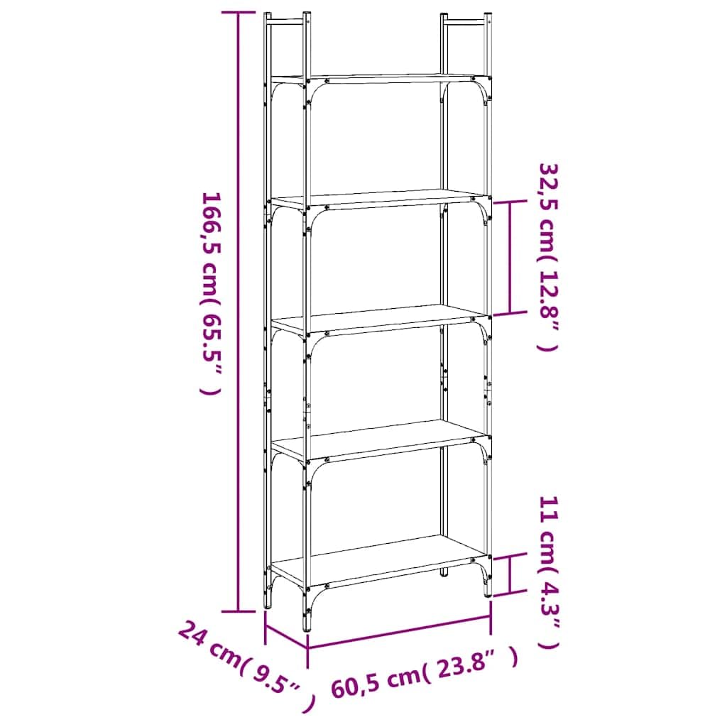 Libreria a 5 ripiani, nero, 60,5 x 24 x 166,5 cm, in legno, acciaio, versatile, per soggiorno, ufficio, camera da letto, cantina, con supporto da parete