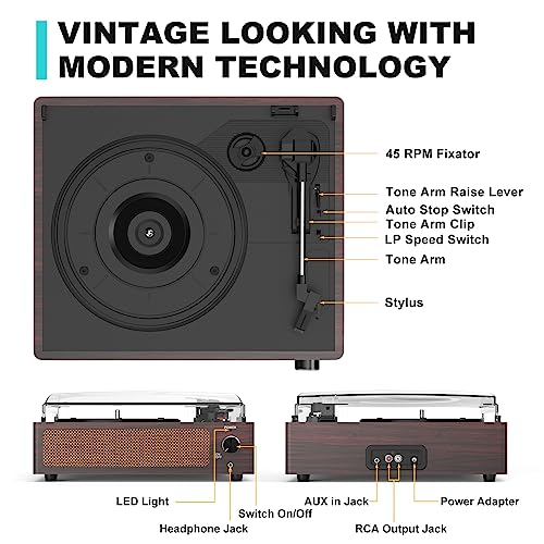 Image of Vinyl Record Player with Speakers Vintage Turntable for Vinyl Records Belt-Driven Turn Table 3-Speed 3 Size Wireless Playback Headphone AUX-in RCA Line LP Vinyls Players Auto Stop Dark Red