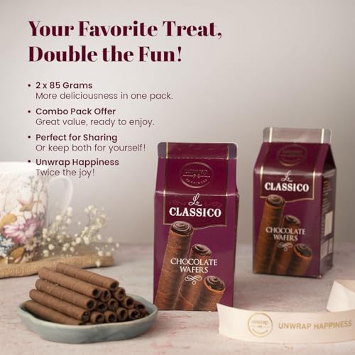 Image of Unwrap Happiness Le Classico Chocolate Wafer 2 x 85 Grams | Wafer Chocolate Rolls | Combo Pack Offer Pack | Zero Cholesterol | Vanilla Flavour | Choco Cream Filled Rolls | Snack For School Kids