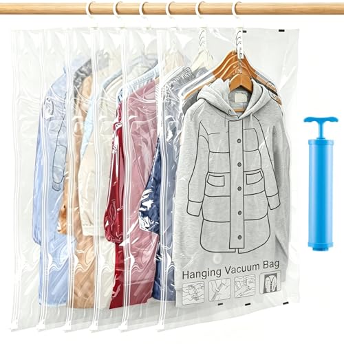6 Stück Hängende Vakuumbeutel für Kleidung 110×70 cm Vakuumierbeutel mit Handpumpe & Haken Platzsparend Kleiderschrank Organizer für Clothing Anzüge Mäntel Jacken Staub Feuchtigkeitsschutz