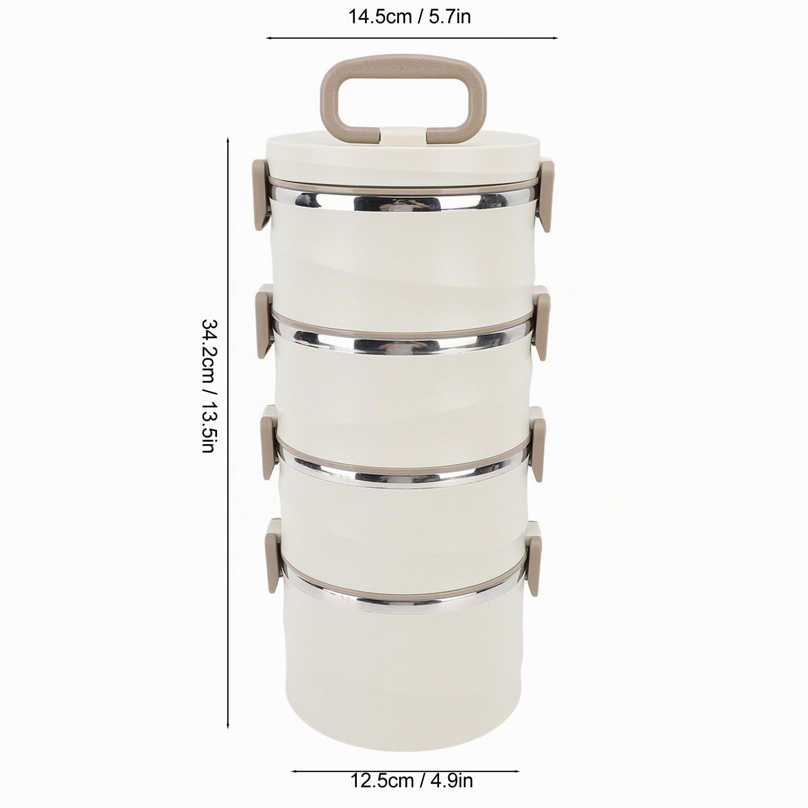 SIXRUN Lebensmittelbehälter aus Edelstahl 304, 4 Etagen, 3,3 L, Isolierte Lunchbox mit Griff, Stapelbar, Rund, 14,5 x 34,2 cm, mit 2 Integrierten Gabellöffeln