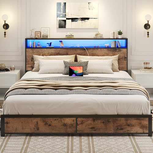 Image of Lifezone Queen Bed Frame with 2-Tier Storage Headboard, Metal Platform Bed Frame with 4 Storage Drawers, Built in Charging Station & LED, Noise-Free /Metal Support /No Box Spring Needed, Rustic Brown