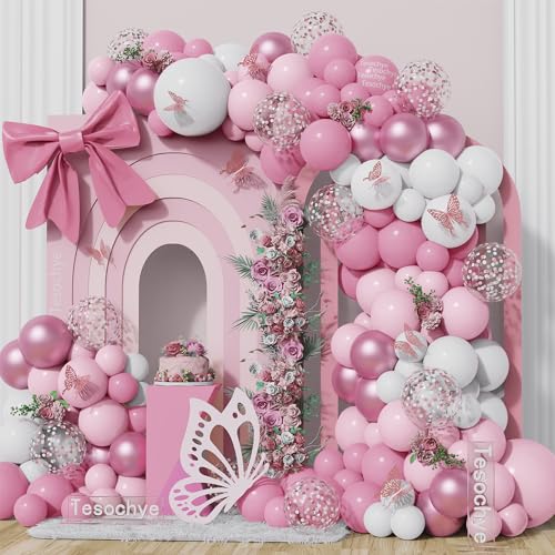 Image of 152Pcs Pastel Light Pink White Metallic Pink Balloon Arch Garland Kit,Pink White Rose Gold Confetti Balloon With Butterfly Stickers for Baby In Bloom Baby Shower Decorations Birthday Wedding Decor