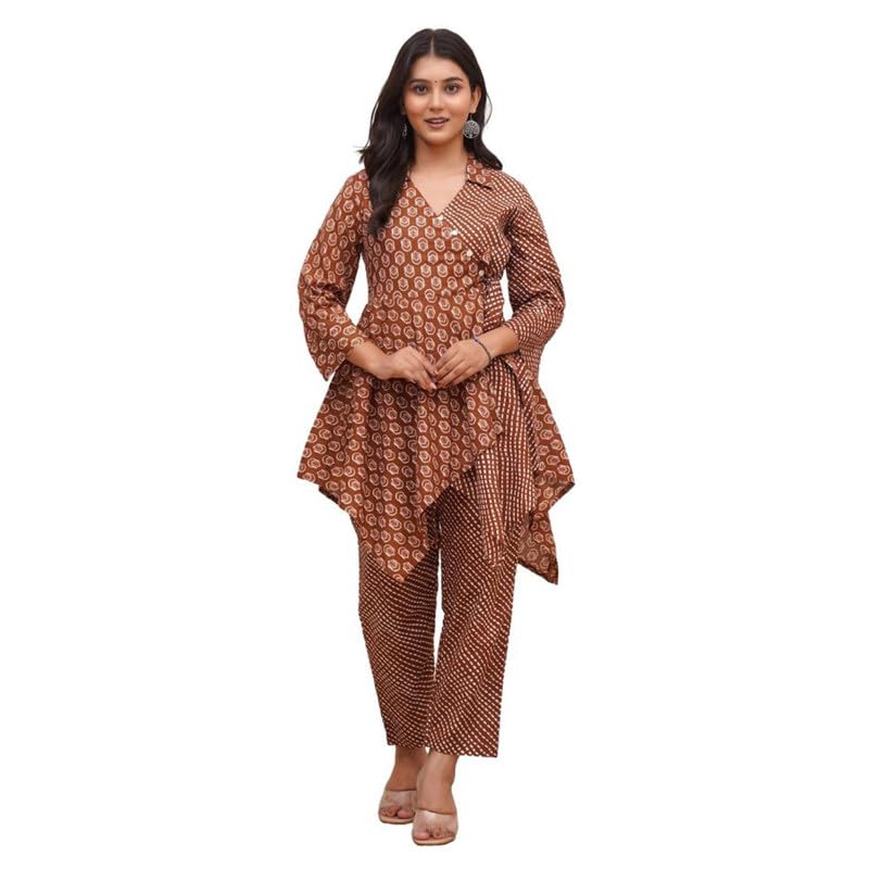 Women's Coord Set | V Neck | Pure Cotton | 3/4 Sleeve | Block Printed | Regular Fit | Brown-picture-20