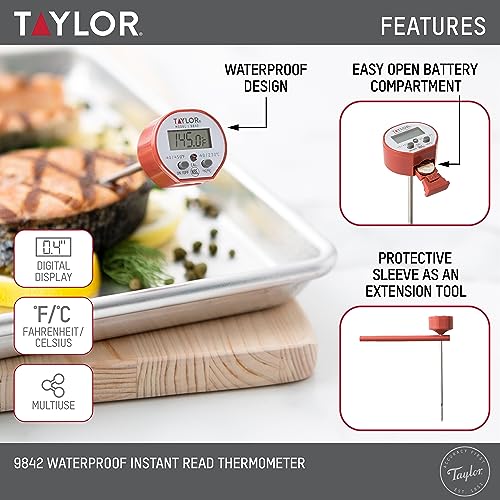 Image of Taylor Waterproof Digital Instant Read Thermometer For Cooking, BBQ, Grilling, Baking, And Meat, Comes With Pocket Sleeve Clip, Red