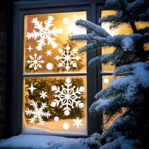 Image of 137pcs Christmas Snowflake Window Clings Decals, Realistic Extra Large White Crystal Snowflakes Stickers Decorations for Holiday Celebration Merry Christmas Party Winter Frozen Ornaments
