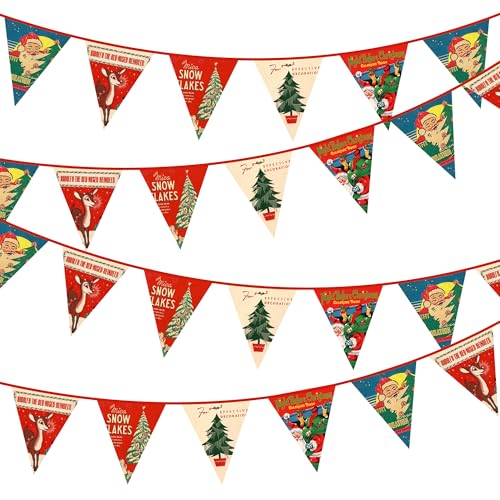19Ft Vintage Red Green Christmas Banner Triangle Flag Party Decorations Red Green Retro X-mas Canvas Fabric Pennant Bunting Streamer for Christmas Happy Holiday New Years Eve Party Hanging Decor