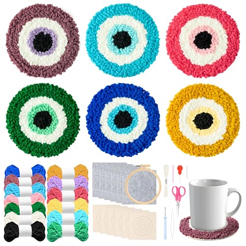 Image of WATINC Devil Eye Punch Needle Coaster Kit - 22Pcs Easy Art Work Decor Craft Supplies Kits for Beginners, DIY Set of 6 Pattern Tufted Rug Pads with Adhesive Felt Yarns Embroidery Hoop Instruction Gifts